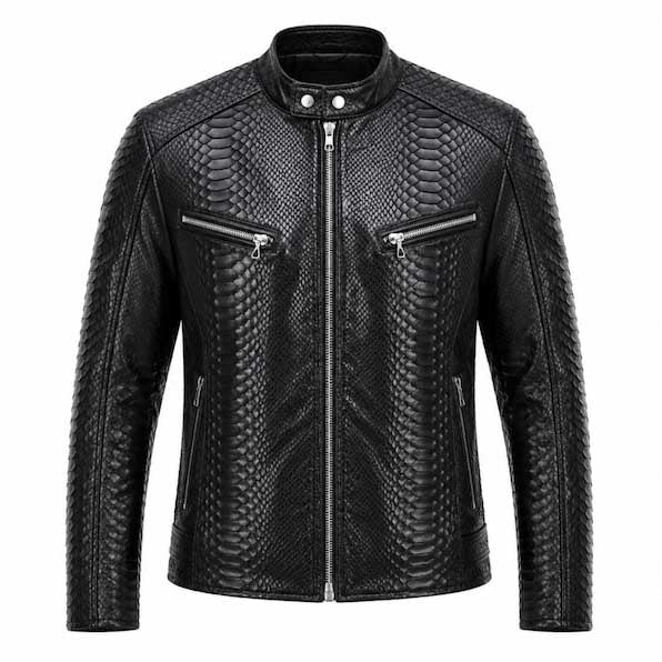 Men's black snake pattern Italian handwax leather biker jacket