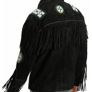 Men's Black Suede Western Cowboy Leather Jacket with Fringe