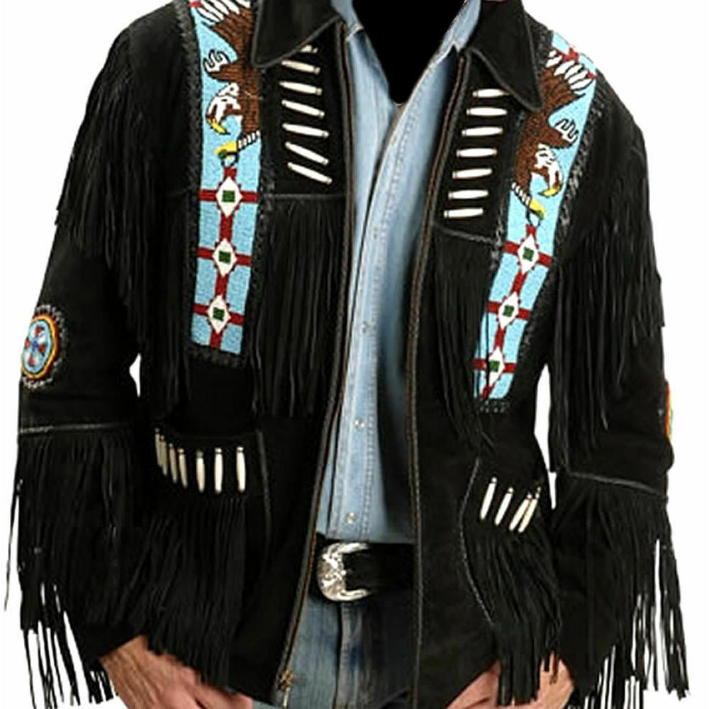 Shop Men's Black Suede Western Cowboy Leather Jacket with Fringe