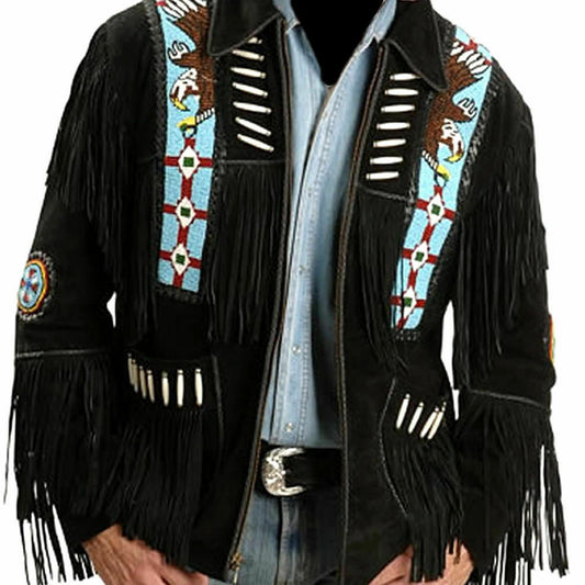 Men's Black Suede Western Cowboy Leather Jacket with Fringe - Fashion Leather Jackets USA - 3AMOTO