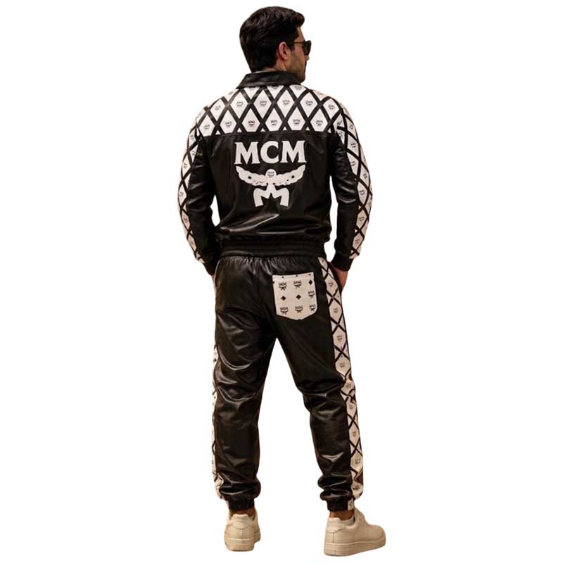 black leather bomber jacket with white diamond shoulder panels
