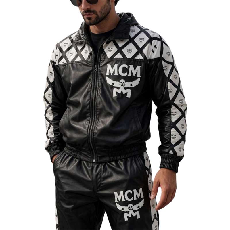 men’s black and white leather tracksuit jacket