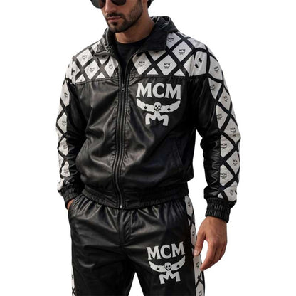 men’s black and white leather tracksuit jacket