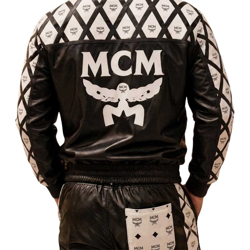 Back logo detail on men’s black leather tracksuit jacket
