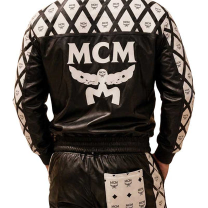 Back logo detail on men’s black leather tracksuit jacket