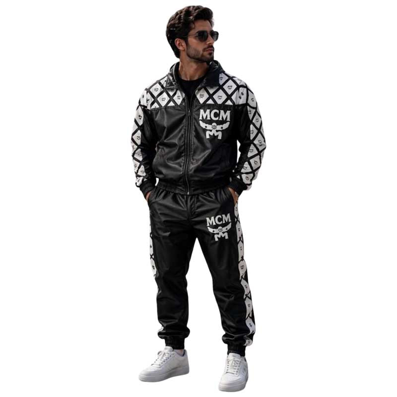 Men’s black and white leather tracksuit set with bomber jacket and matching pants