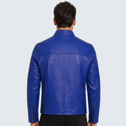 Men's Blue Genuine Leather Racing Jacket with Retro Motorsport Cafe Racer Style