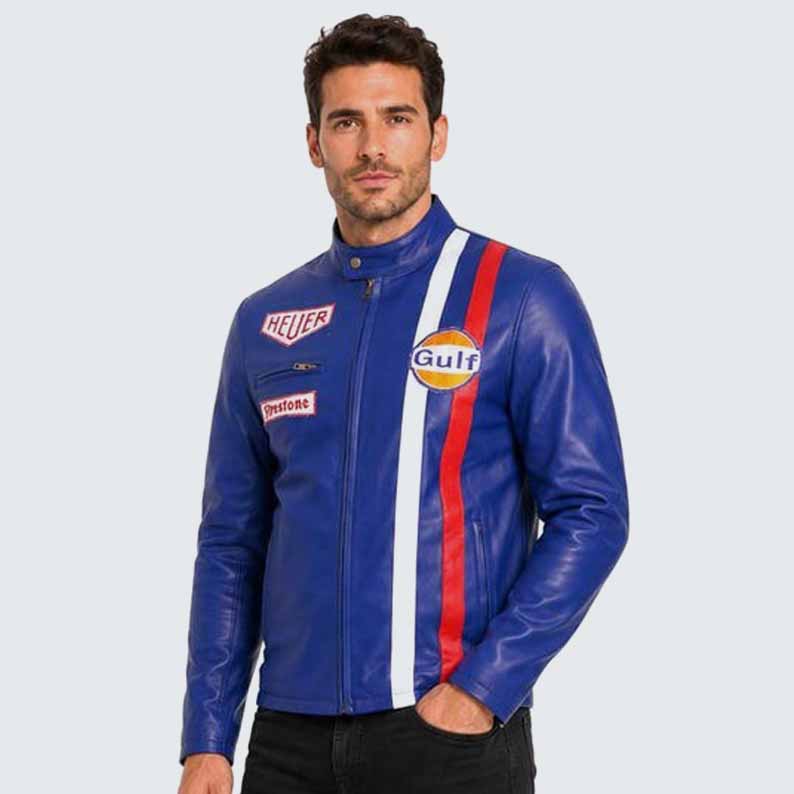 Men's Blue Genuine Leather Racing Jacket with Retro Motorsport Cafe Racer Style