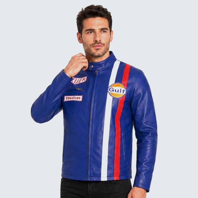 Men's Blue Genuine Leather Racing Jacket with Retro Motorsport Cafe Racer Style
