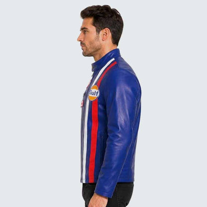 Men's Blue Genuine Leather Racing Jacket with Retro Motorsport Cafe Racer Style