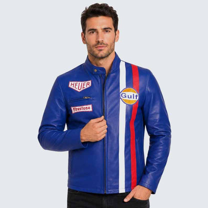 Men's Blue Genuine Leather Racing Jacket with Retro Motorsport Cafe Racer Style