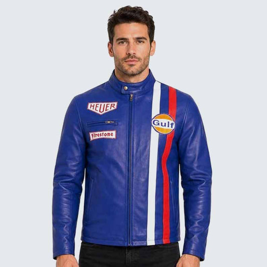 Men's Blue Genuine Leather Racing Jacket with Retro Motorsport Cafe Racer Style - 3amoto shop