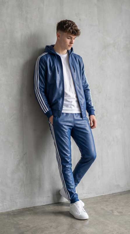 Men’s Blue Sheepskin Leather Hoodie and Joggers Tracksuit Set
