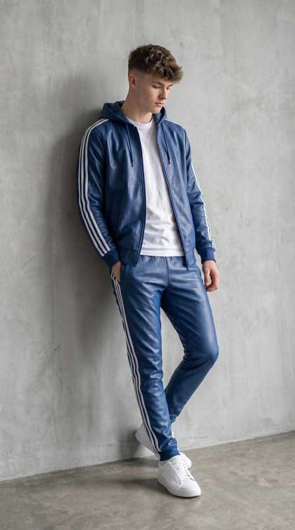 Men’s Blue Sheepskin Leather Hoodie and Joggers Tracksuit Set