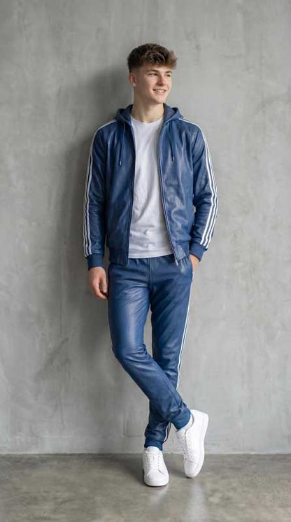 Men’s Blue Sheepskin Leather Hoodie and Joggers Tracksuit Set