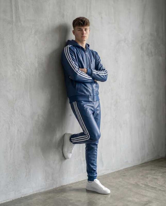 Men’s Blue Sheepskin Leather Hoodie and Joggers Tracksuit Set - 3amoto shop