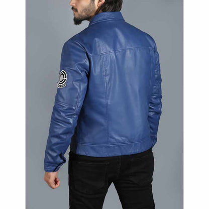 Men's Blue Real Sheepskin Leather Jacket with Shirt Collar