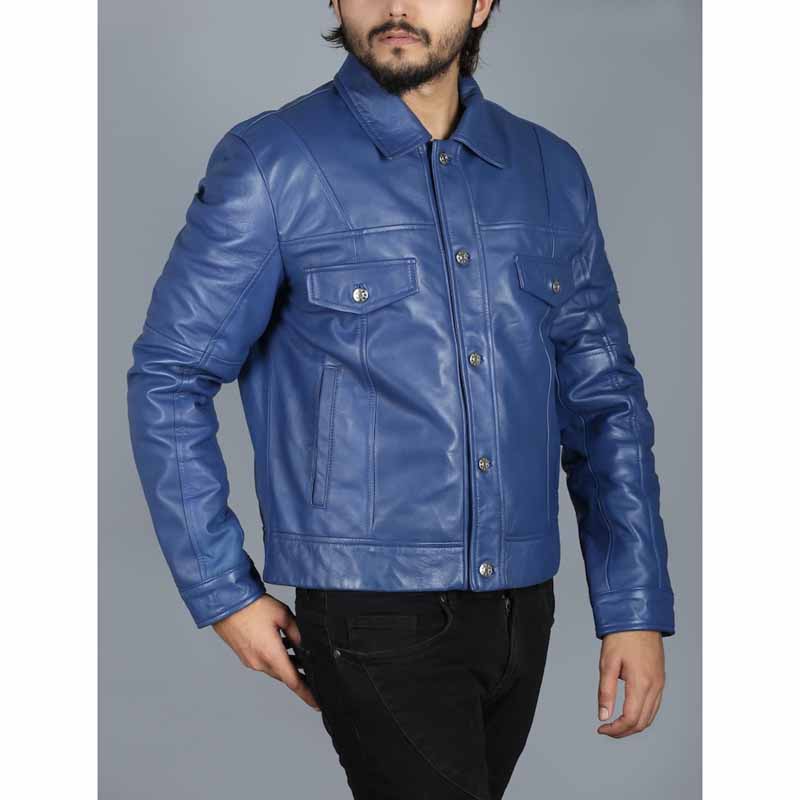 Men's Blue Real Sheepskin Leather Jacket with Shirt Collar