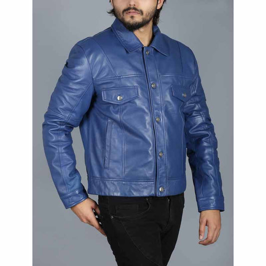 Men's Blue Real Sheepskin Leather Jacket with Shirt Collar - 3amoto shop
