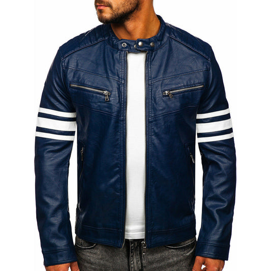 Men's Blue Retro Lambskin Biker Jacket - Motorcycle Jacket - 3amoto shop