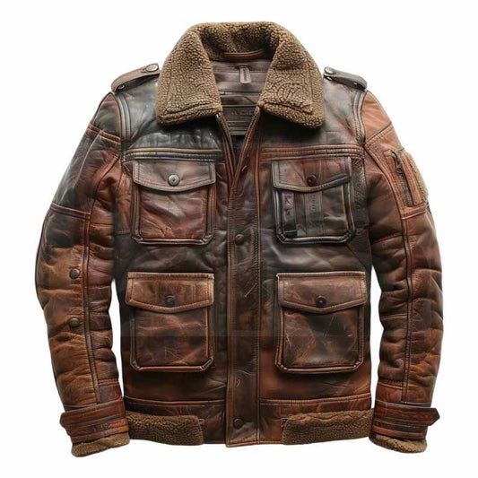 Men's Distressed Brown Cowhide Leather Aviator Jacket with Shearling Collar - 3amoto shop