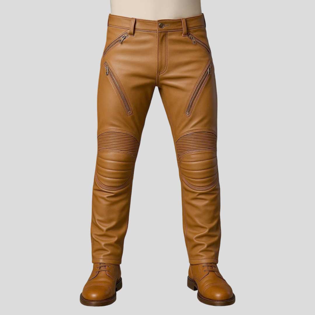 Men’s Brown Cowhide Leather Biker Pants Slim Fit with Zippers