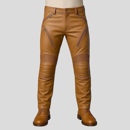 Men’s Brown Cowhide Leather Biker Pants Slim Fit with Zippers - 3amoto shop