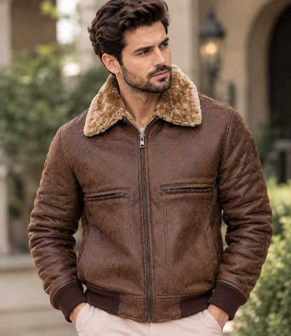 Brown leather bomber jacket for men with full front zipper closure