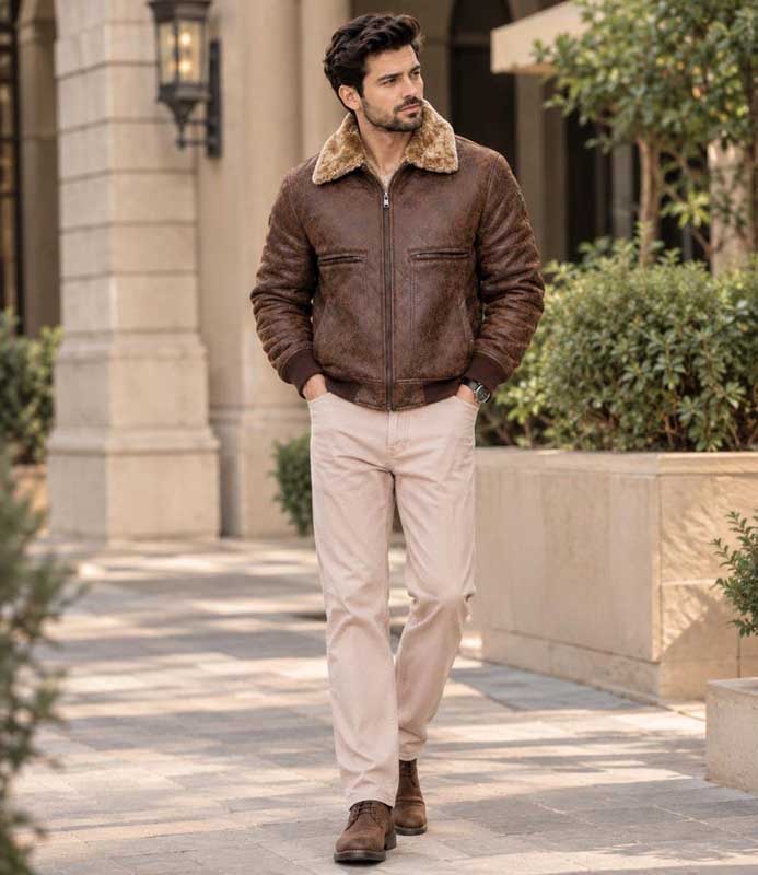 Men’s textured brown leather jacket featuring ribbed cuffs and waistband