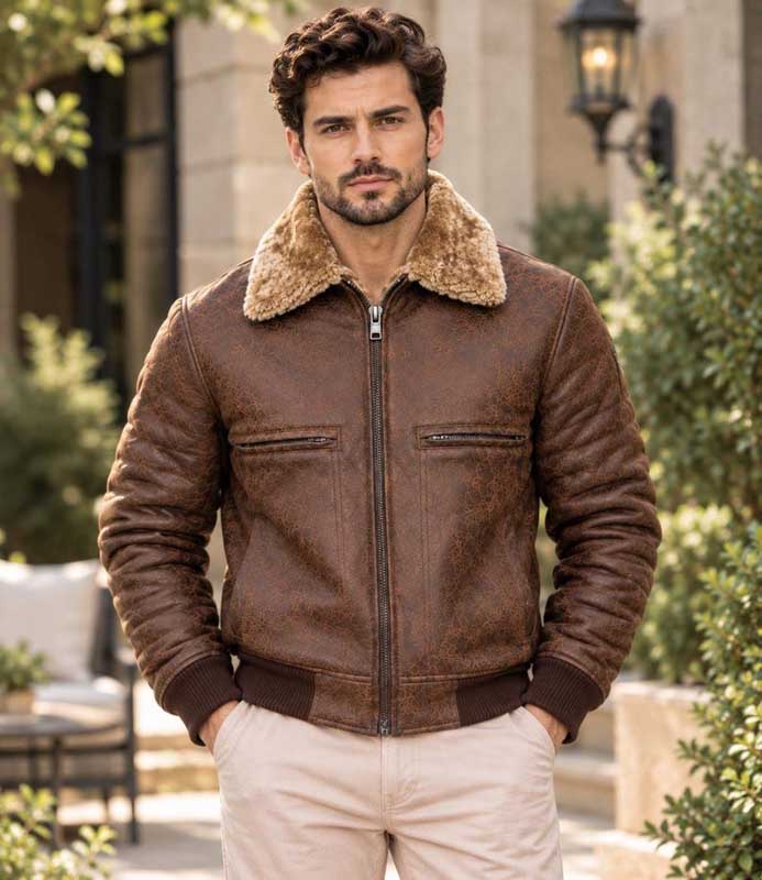 Men’s brown genuine cowhide leather bomber jacket with shearling-style collar