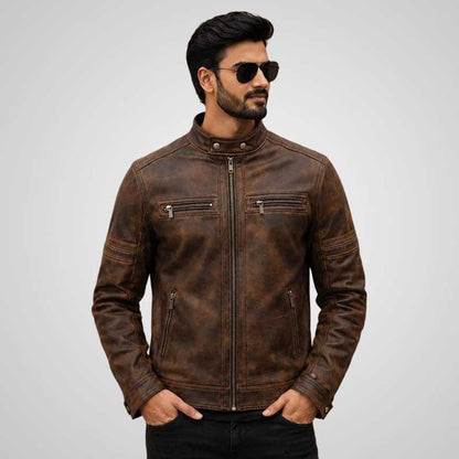 Men's brown distressed genuine leather cafe racer jacket
