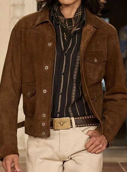 men's slim-fit brown suede leather jacket.
