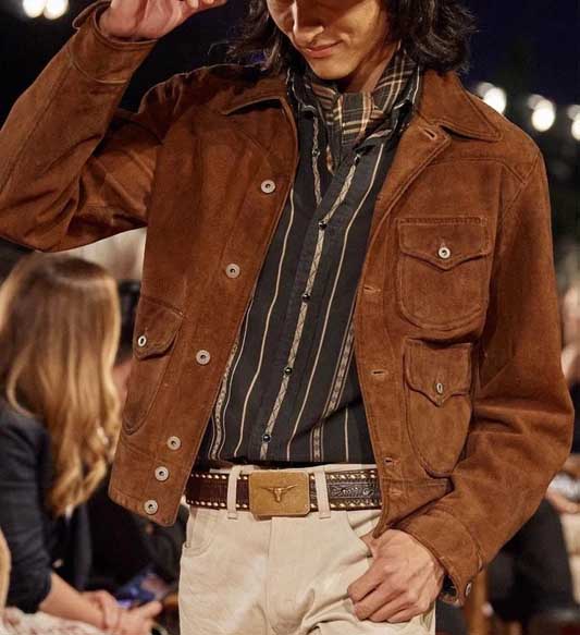 Men's genuine lamb leather jacket with a soft brown suede finish.