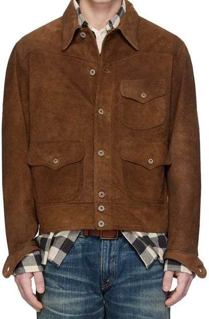 Men's brown genuine lamb suede leather field jacket.