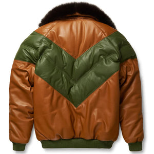 Men's Brown & Green Leather V-Bomber Jacket