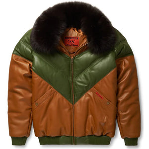Men's Brown & Green Leather V-Bomber Jacket