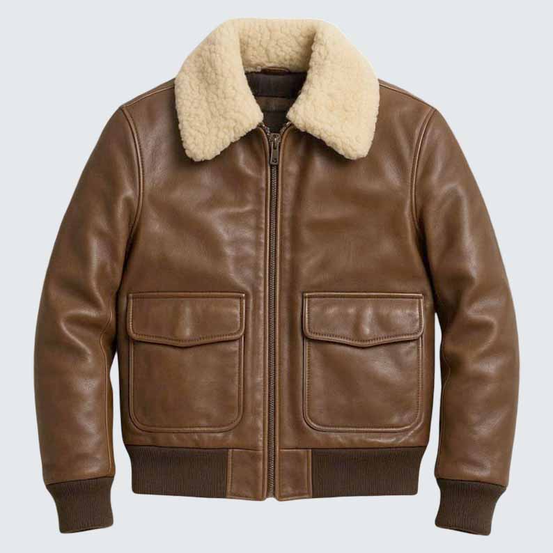 Men's Brown Genuine Leather Aviator Jacket with Shearling Collar B3 Bomber Jacket Style