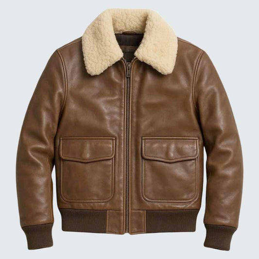 Men's Brown Genuine Leather Aviator Jacket with Shearling Collar B3 Bomber Jacket Style - 3amoto shop