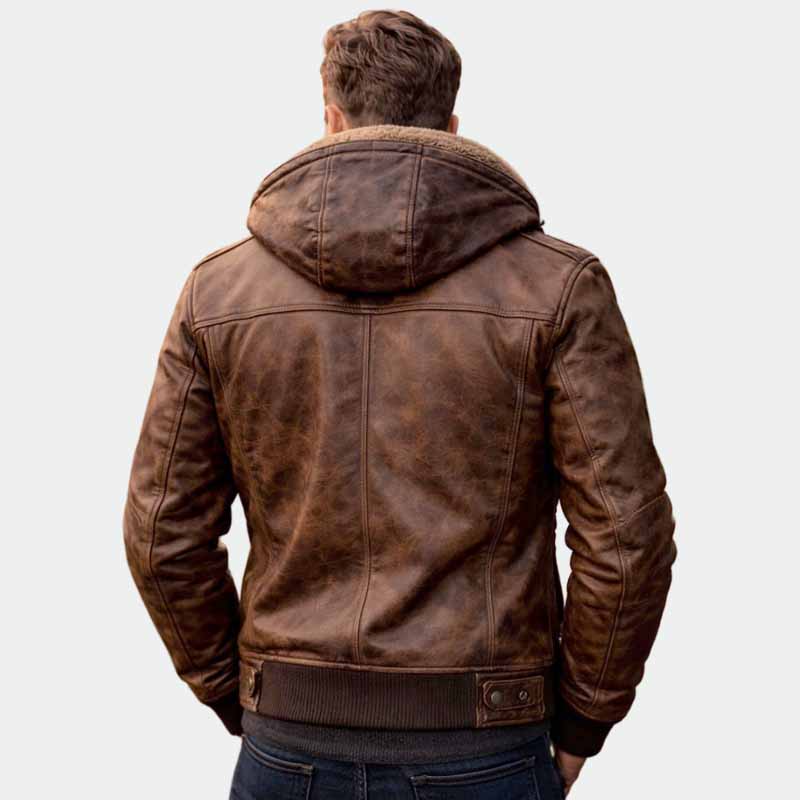 Men's Distressed Brown Leather Bomber Jacket with Faux Fur Hood in Aviator Style