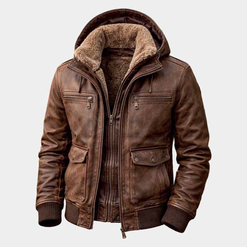 Men's Distressed Brown Leather Bomber Jacket with Faux Fur Hood in Aviator Style