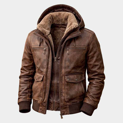 Men's Distressed Brown Leather Bomber Jacket with Faux Fur Hood in Aviator Style