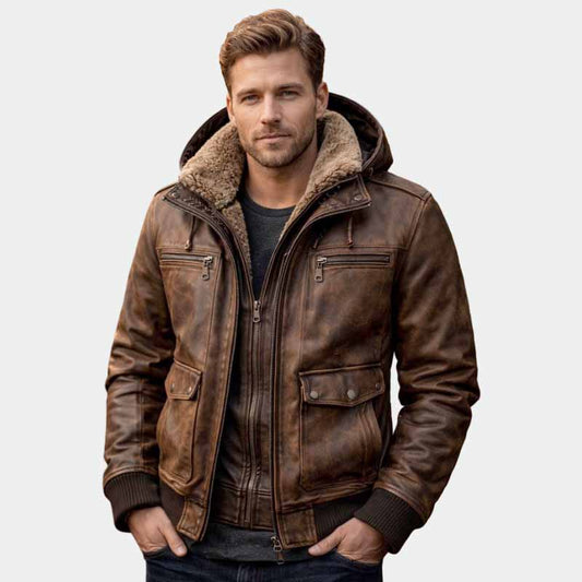 Men's Distressed Brown Leather Bomber Jacket with Faux Fur Hood in Aviator Style - 3amoto shop
