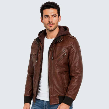 Men's Brown Genuine Leather Bomber Jacket with Removable Hoodie and Military Style