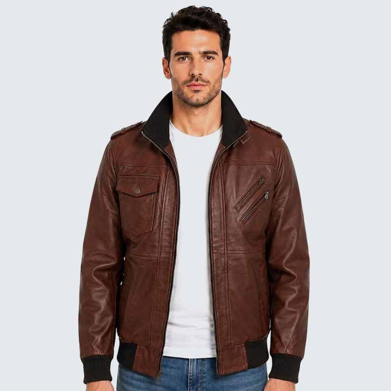 Men's Brown Genuine Leather Bomber Jacket with Removable Hoodie and Military Style