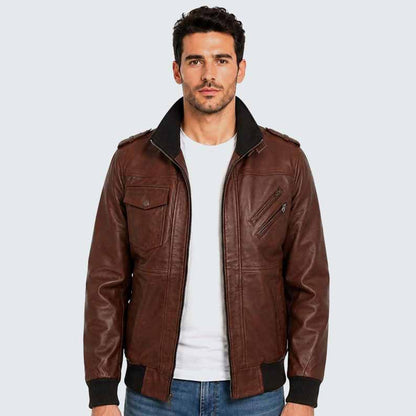 Men's Brown Genuine Leather Bomber Jacket with Removable Hoodie and Military Style