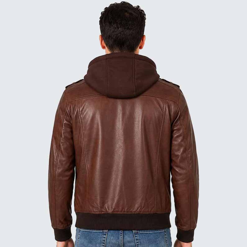 Men's Brown Genuine Leather Bomber Jacket with Removable Hoodie and Military Style