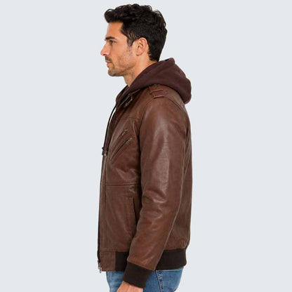 Men's Brown Genuine Leather Bomber Jacket with Removable Hoodie and Military Style