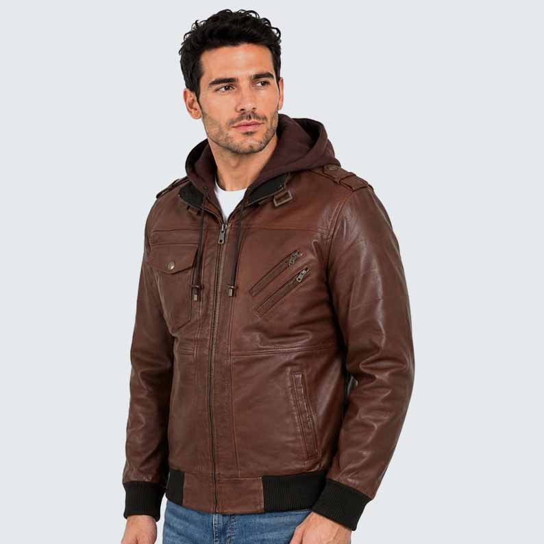 Men's Brown Genuine Leather Bomber Jacket with Removable Hoodie and Military Style