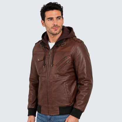 Men's Brown Genuine Leather Bomber Jacket with Removable Hoodie and Military Style