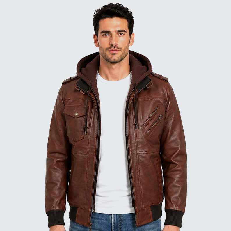 Men's Brown Genuine Leather Bomber Jacket with Removable Hoodie and Military Style